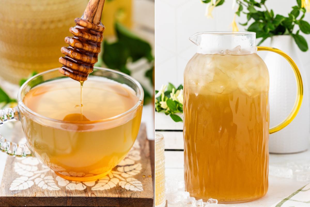 Honey dripping into a teacup and a pitcher of iced honeysuckle tea.