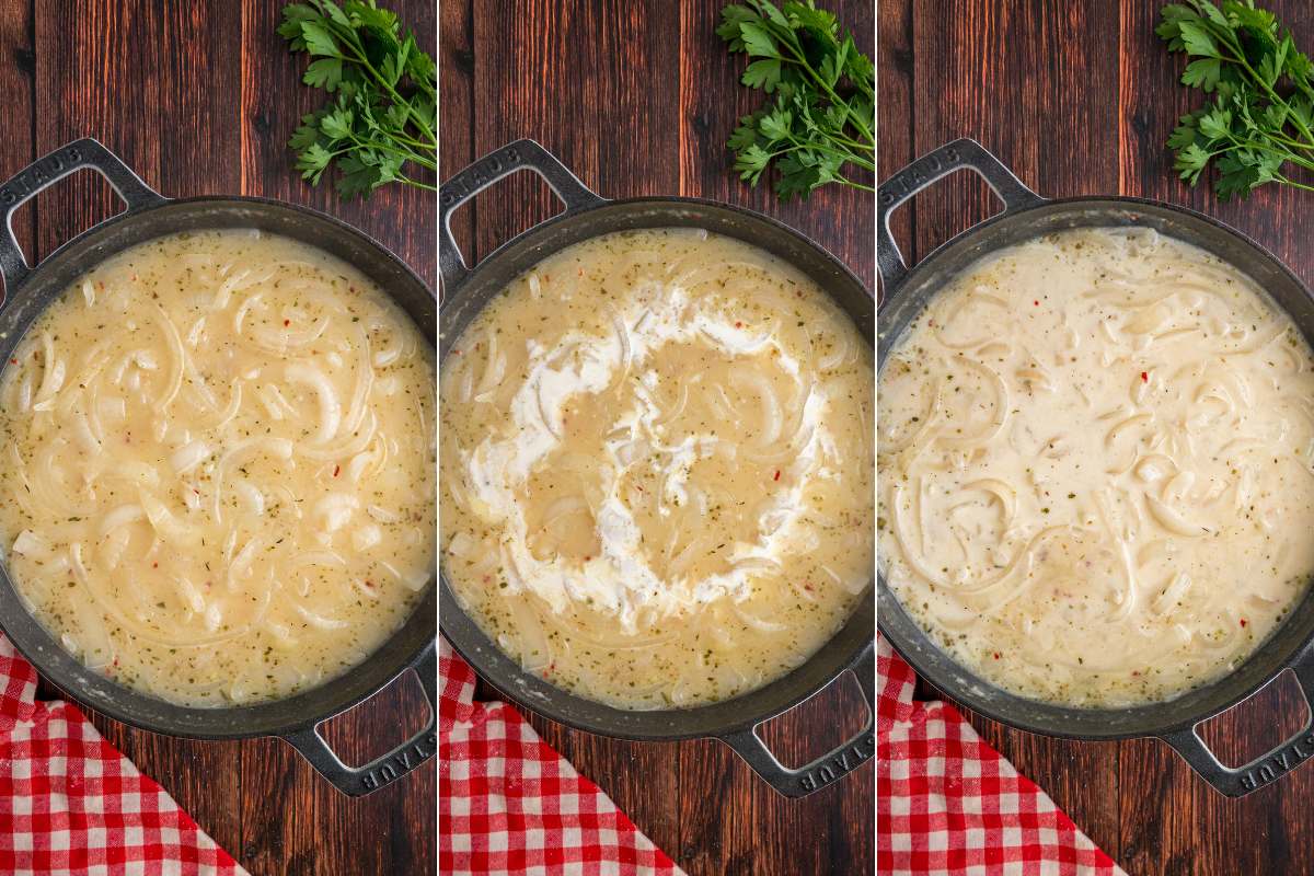 Onion gravy being finished with cream in skillet.