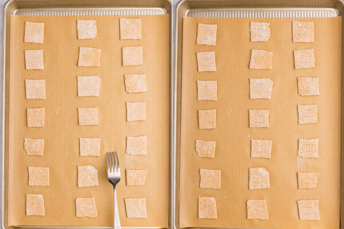 Cracker squares arranged on baking sheets before and after poking with a fork.