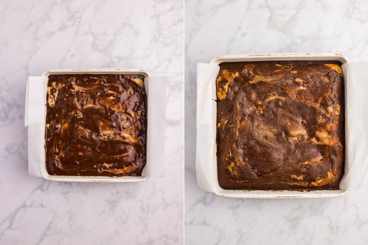 Side-by-side collage of brookies before and after baking in a white pan.