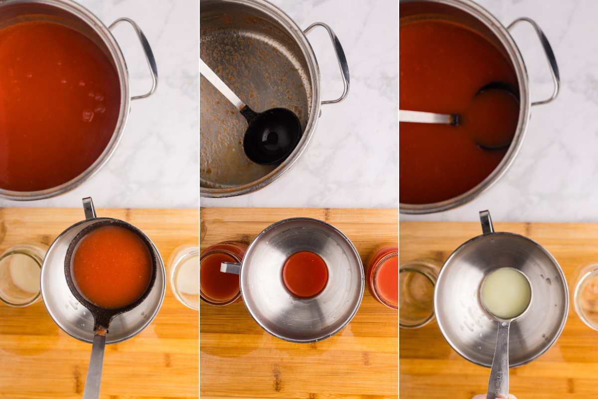 Lemon juice being added to a canning jar and tomato sauce being ladled into a canning jar.