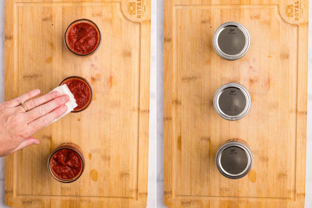 Wiping jar rims and sealing tomato paste jars on a cutting board.
