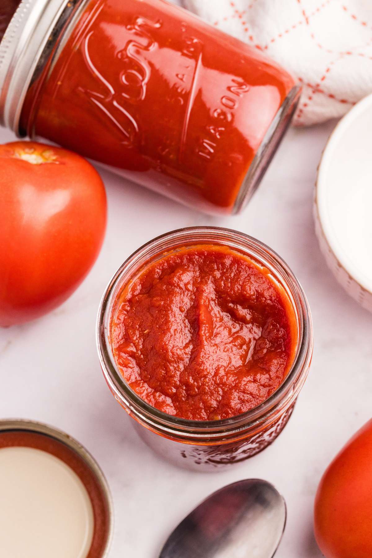 finished overhead view of thick tomato paste.