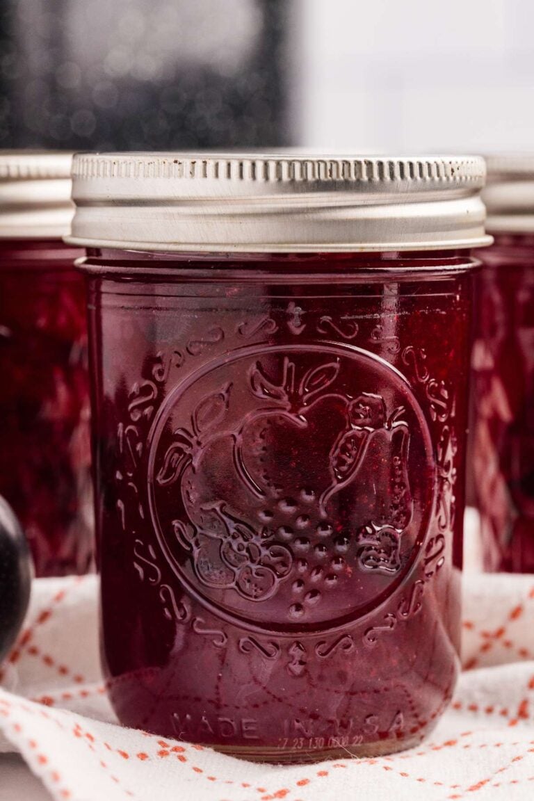 plum jam in front of top black canner.