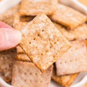 Hand holding one square sourdough wheat cracker.