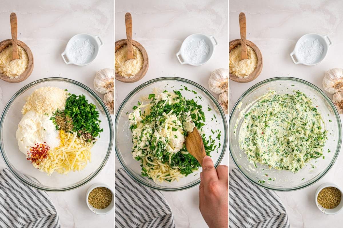 Mixing spinach ricotta filling in glass bowl.