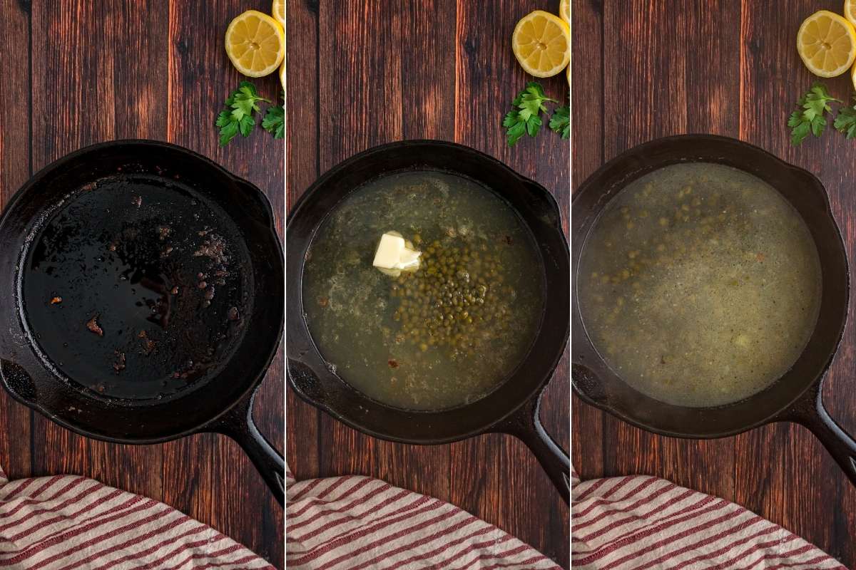 Three photos showing sauce steps in a cast iron skillet.