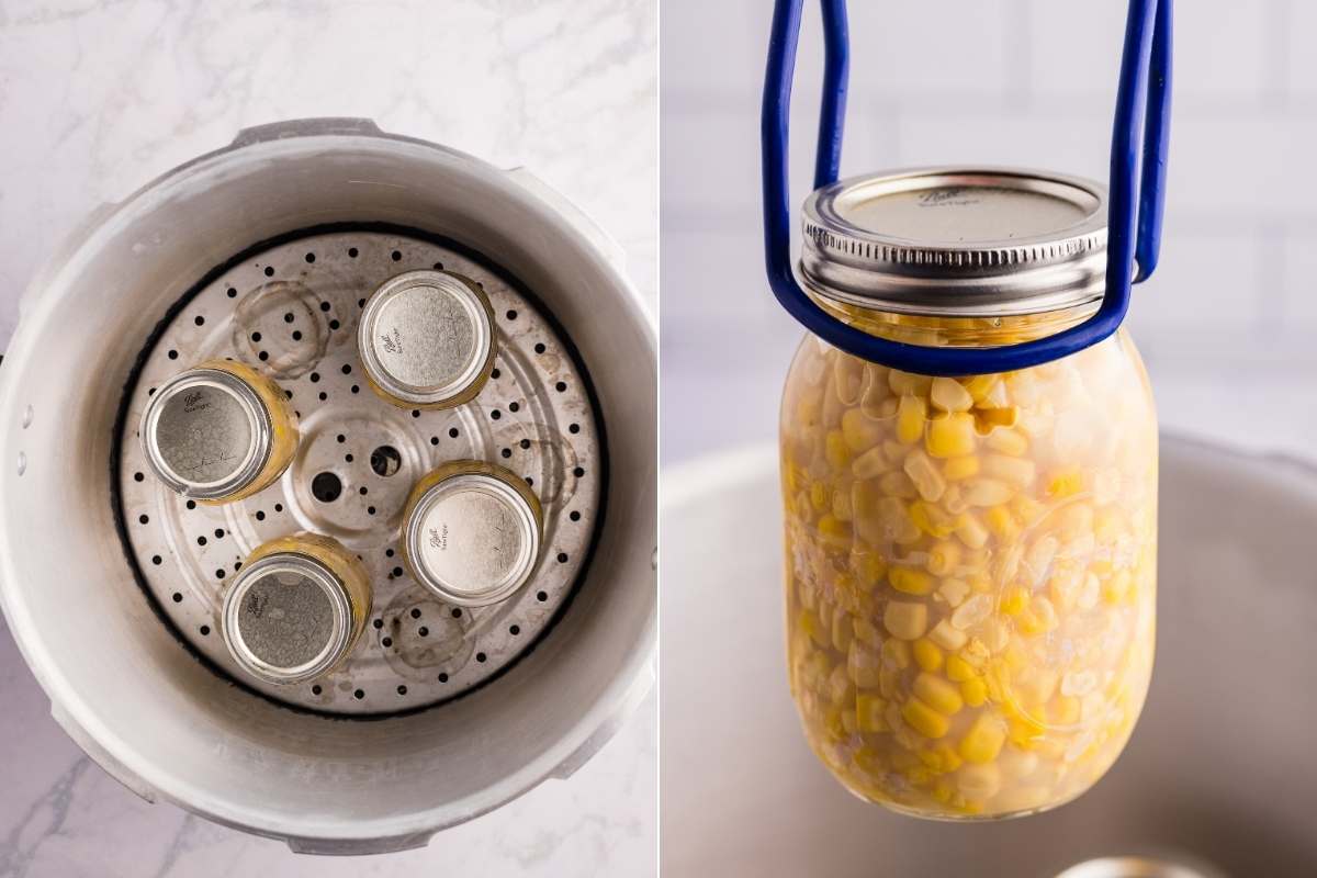 Jars of corn inside a pressure canner and one being lifted out.