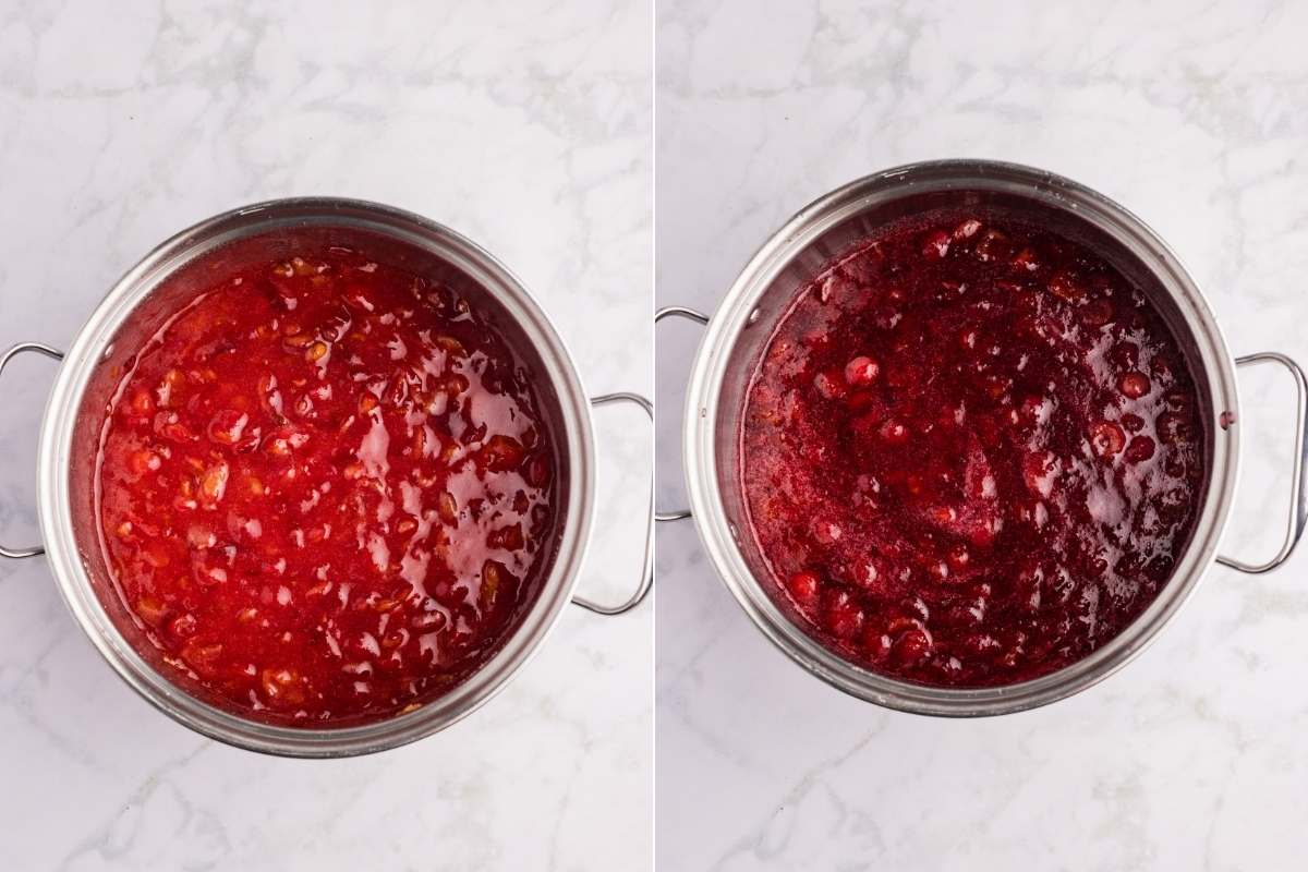 Two pots showing cherry jam cooking stages before and after adding sugar.