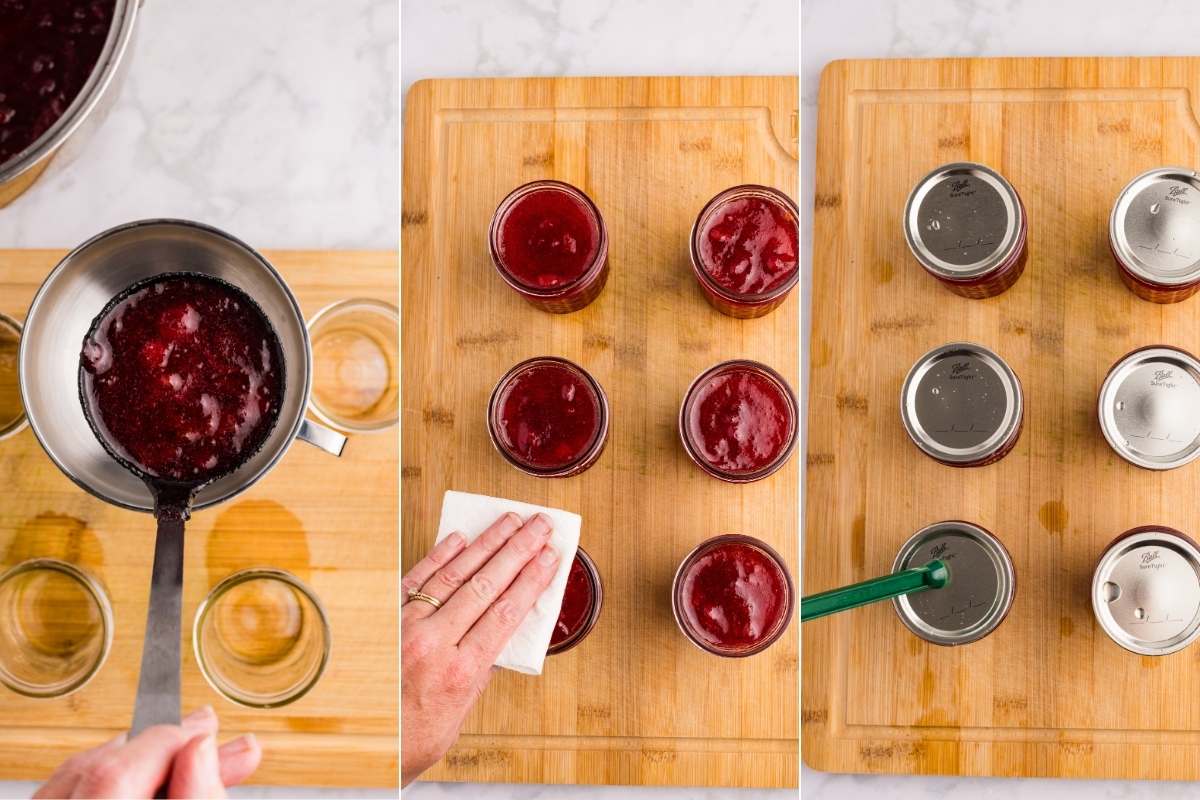 Cherry jam being ladled into jars and jars with lids being placed.
