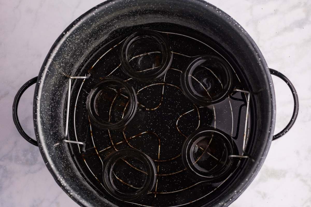 Empty water bath canner with metal rack inside.