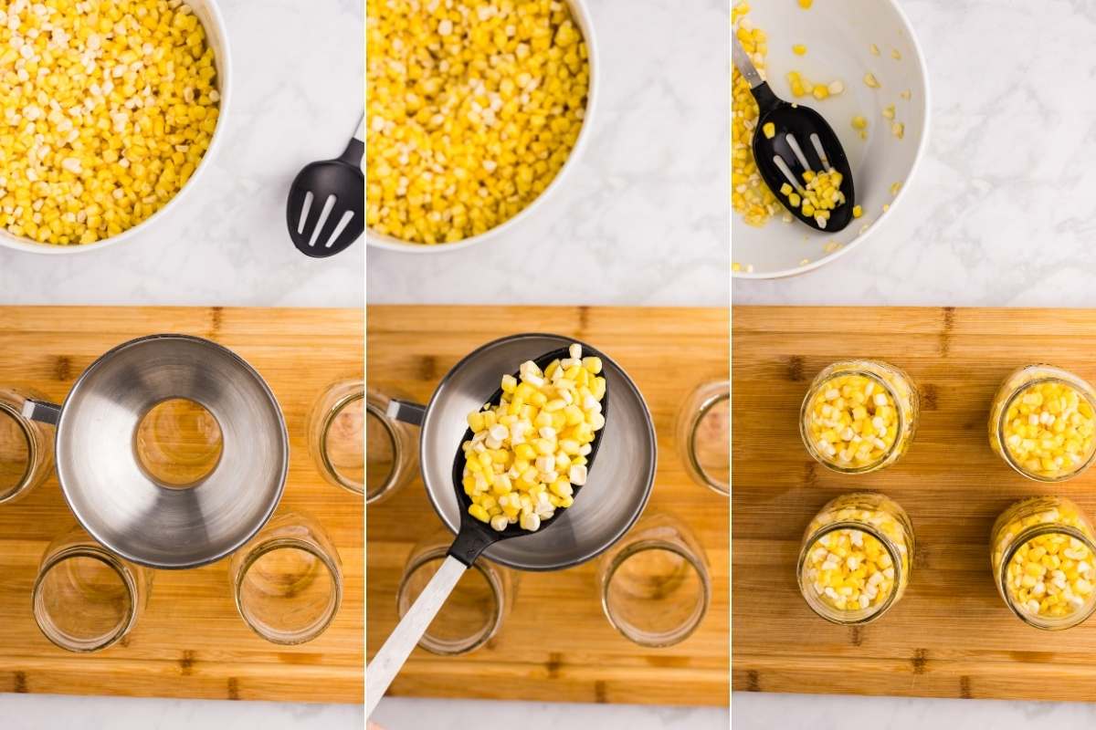 A bowl of corn with a spoon and jars being filled.