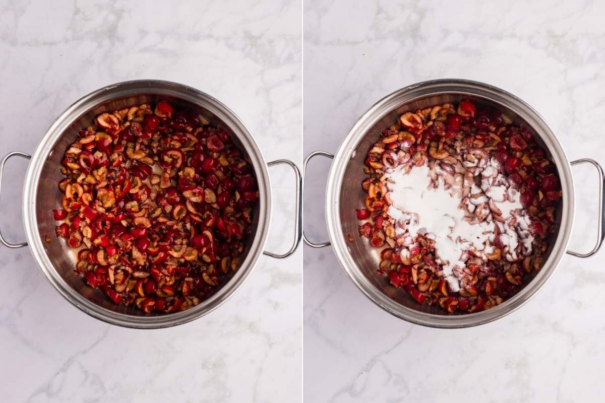 Cherry jam cooking process showing before and after adding pectin.