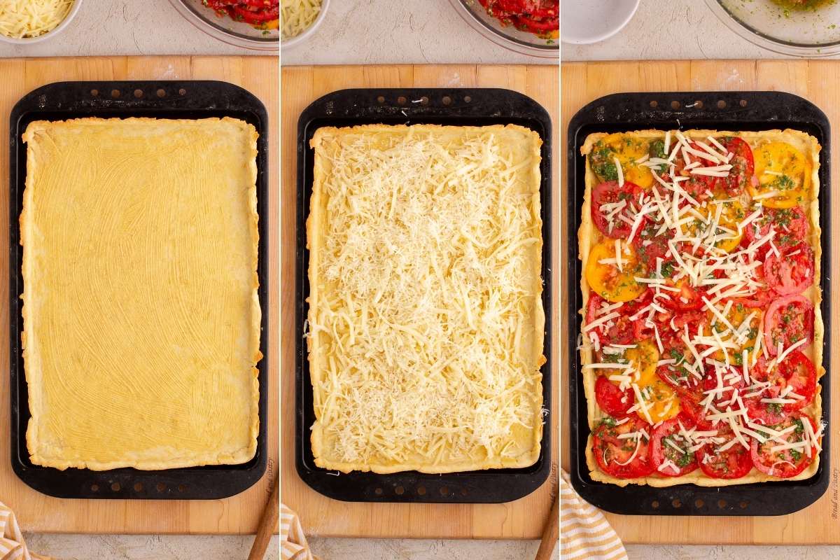 Three photos showing tart assembly: crust, cheese layer, and final topped tart.