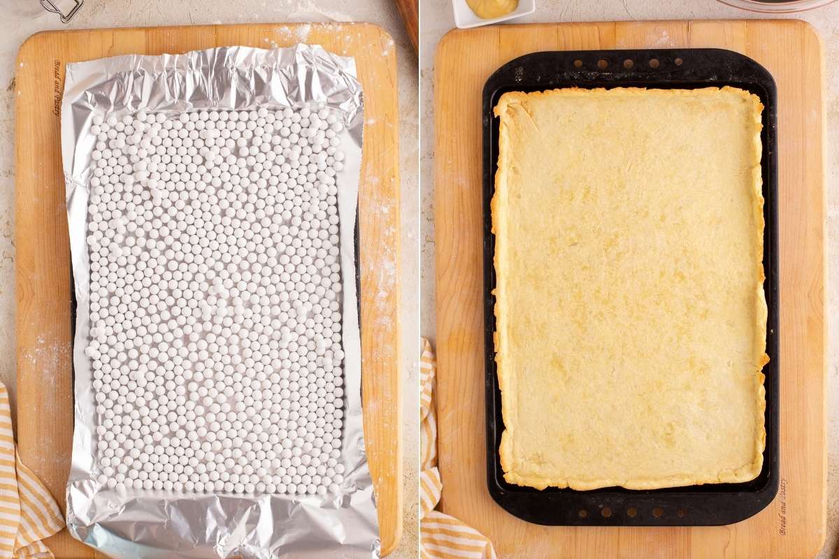 Pastry crust with foil and pie weights next to finished golden crust.
