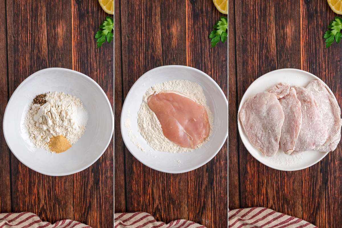 Three steps showing chicken being coated in seasoned flour.
