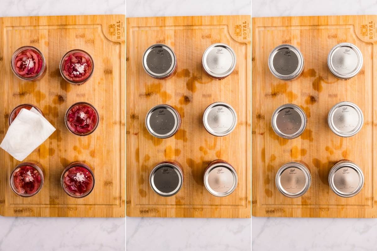 Collage: wipe jar rims, set lids, tighten rings.