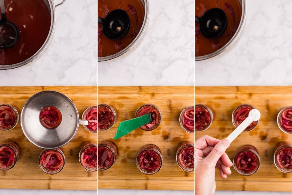 Collage: ladle brine, debubble jars, add pickle crisp.