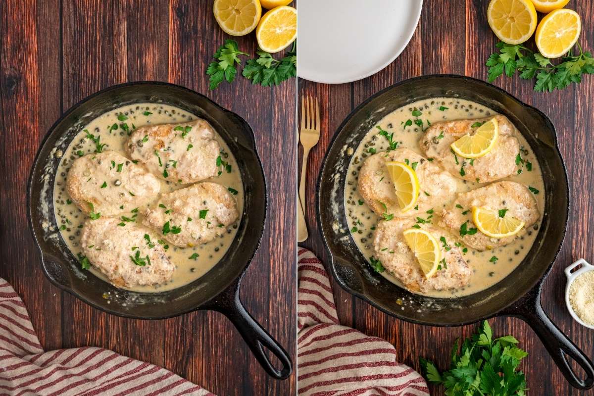 Two shots of finished chicken piccata in a skillet with fresh lemon garnish.