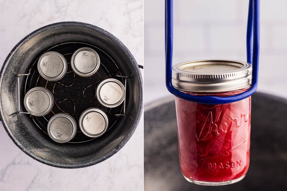 Canning kettle with jars and lifted finished jar.