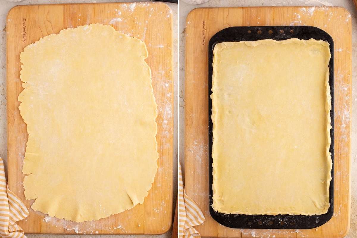 Rolling pastry dough on floured surface and transferring to baking sheet.