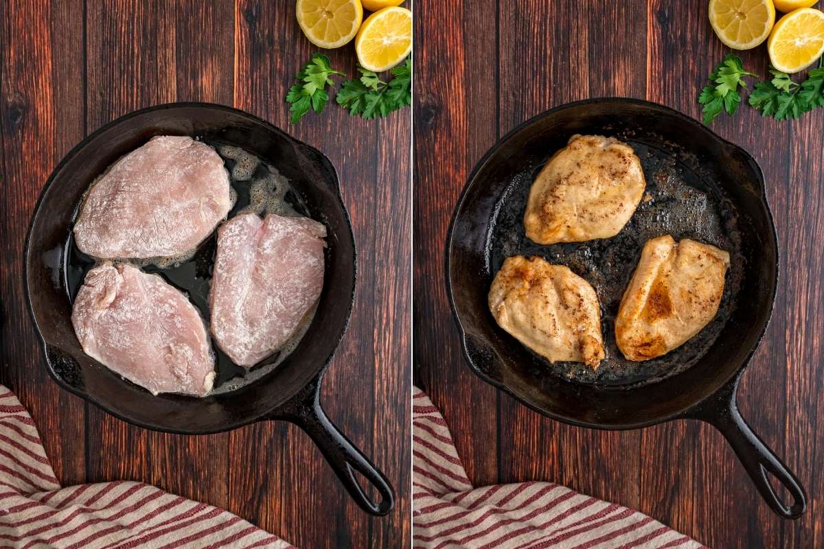Side-by-side images of raw and seared chicken in a skillet.