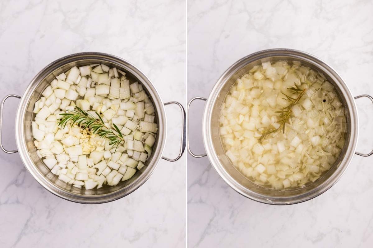 Pot with diced onions and herbs before and after cooking until soft.