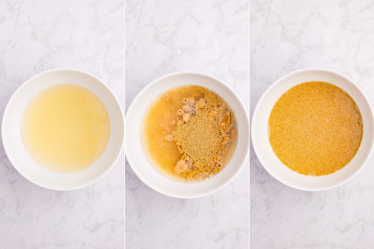 Three bowls showing strained liquid, mustard seeds added, then seeds soaked.