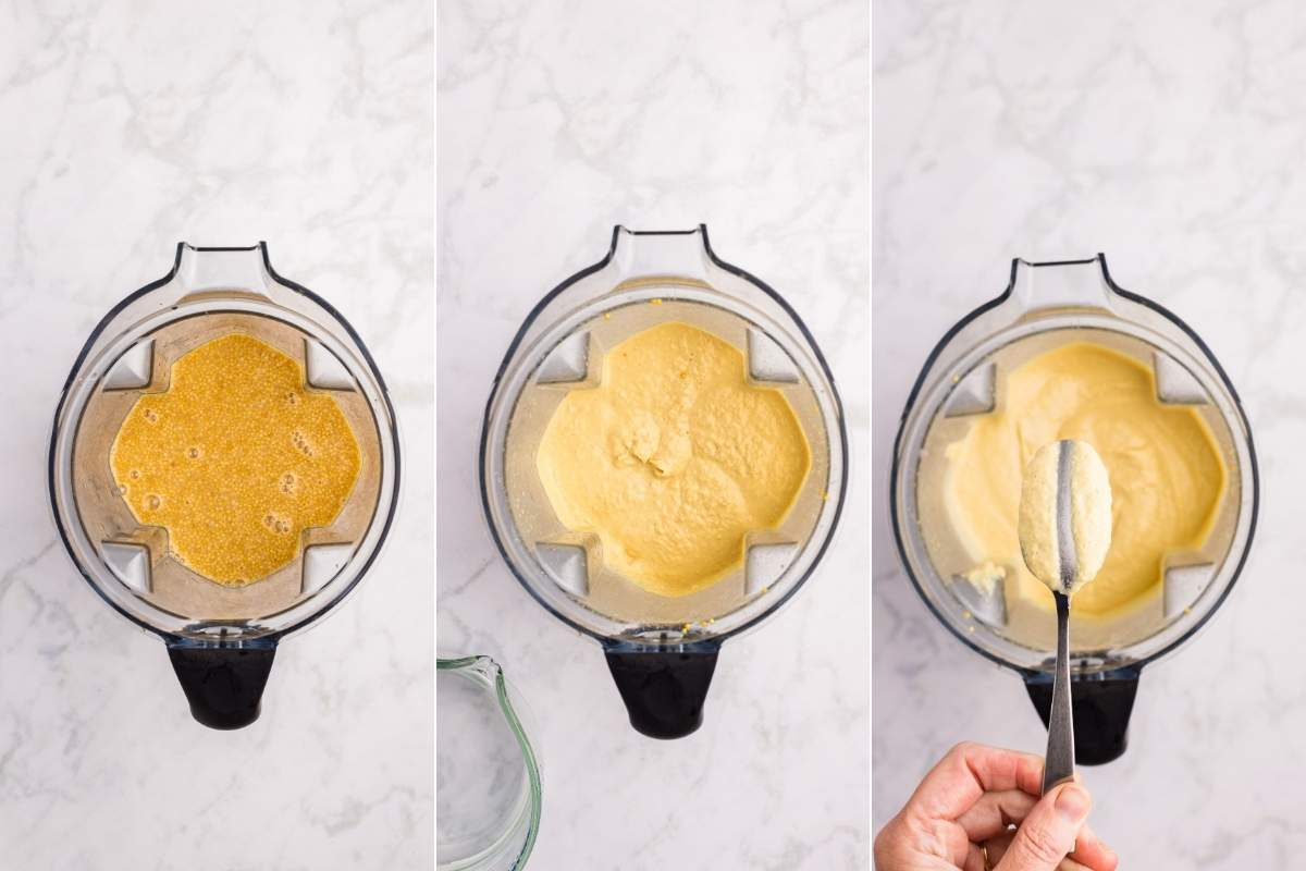 Blender with mustard mixture in three stages of blending until smooth.