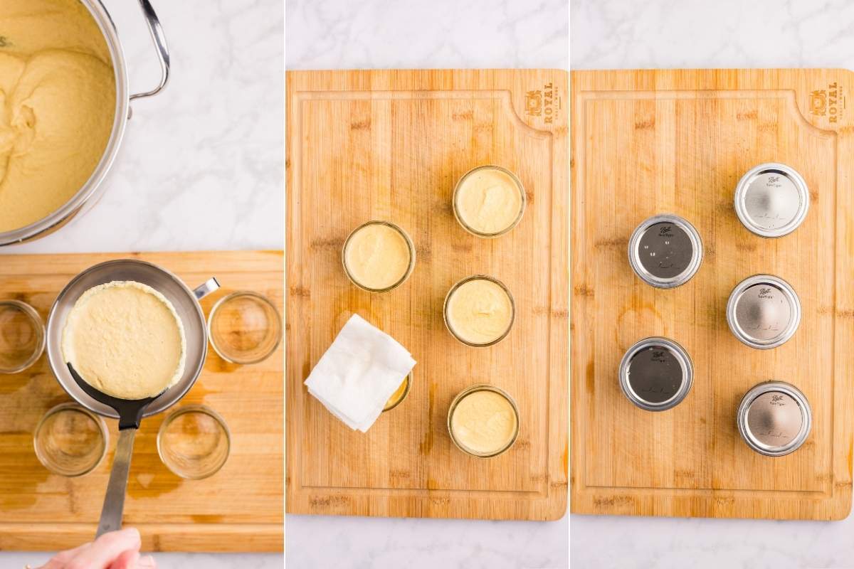 Filling glass jars with hot mustard and applying lids on cutting board.