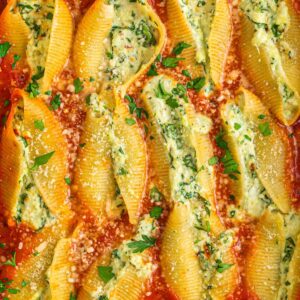 Close-up of baked stuffed shells