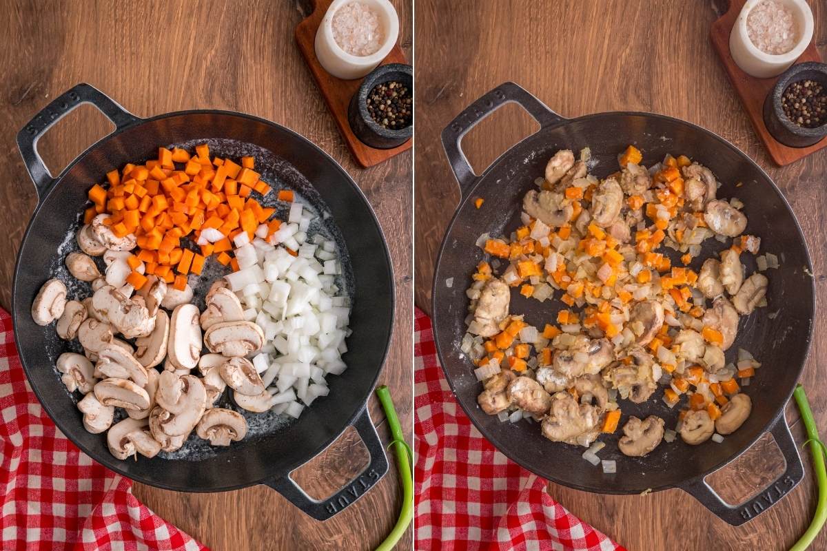 Raw vegetables in skillet, then cooked and softened.