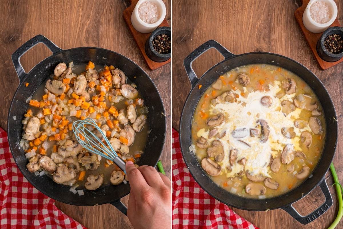 Skillet with vegetables and flour, then with cream added.