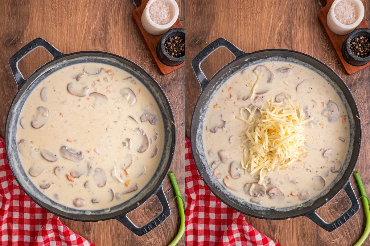 Skillet with creamy sauce and shredded cheese on top.