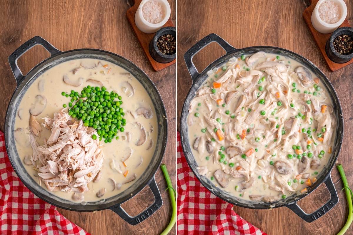 Skillet showing chicken and peas added to creamy sauce.