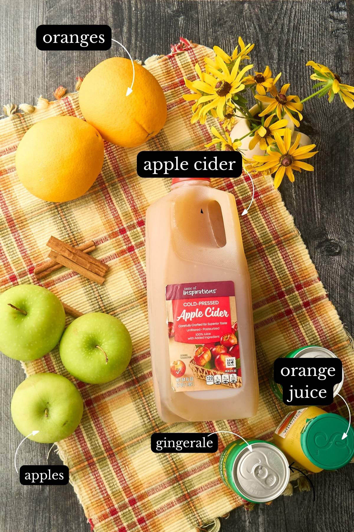 Ingredients for autumn punch including apple cider, oranges, apples, and ginger ale.
