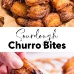 Pinterest-style image showing churro bites and hand dipping one in chocolate sauce.