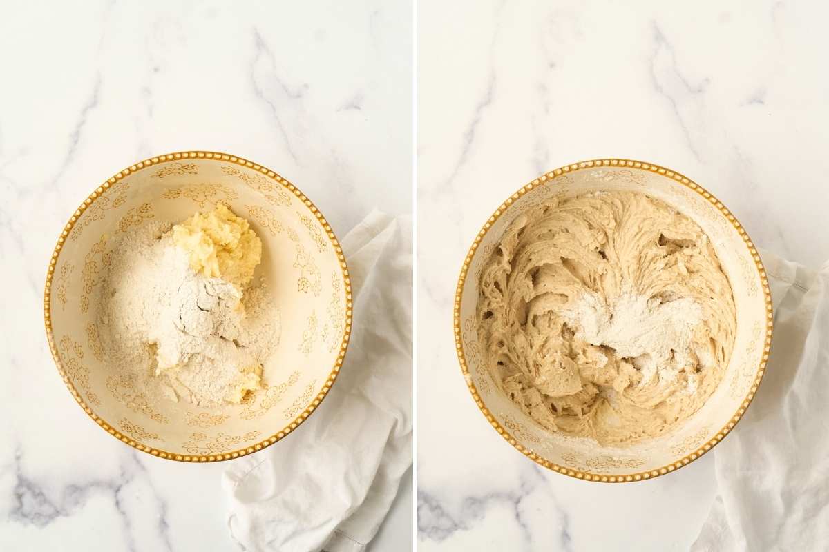 dry ingredients being added to creamed butter.