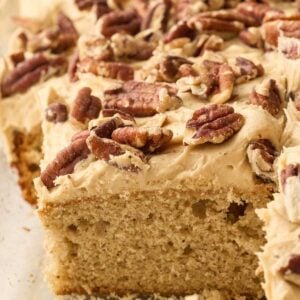 cut spice cake in pan.