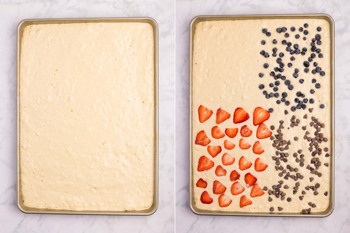 Two sheet pans showing plain pancake batter and batter topped with berries and chocolate chips.