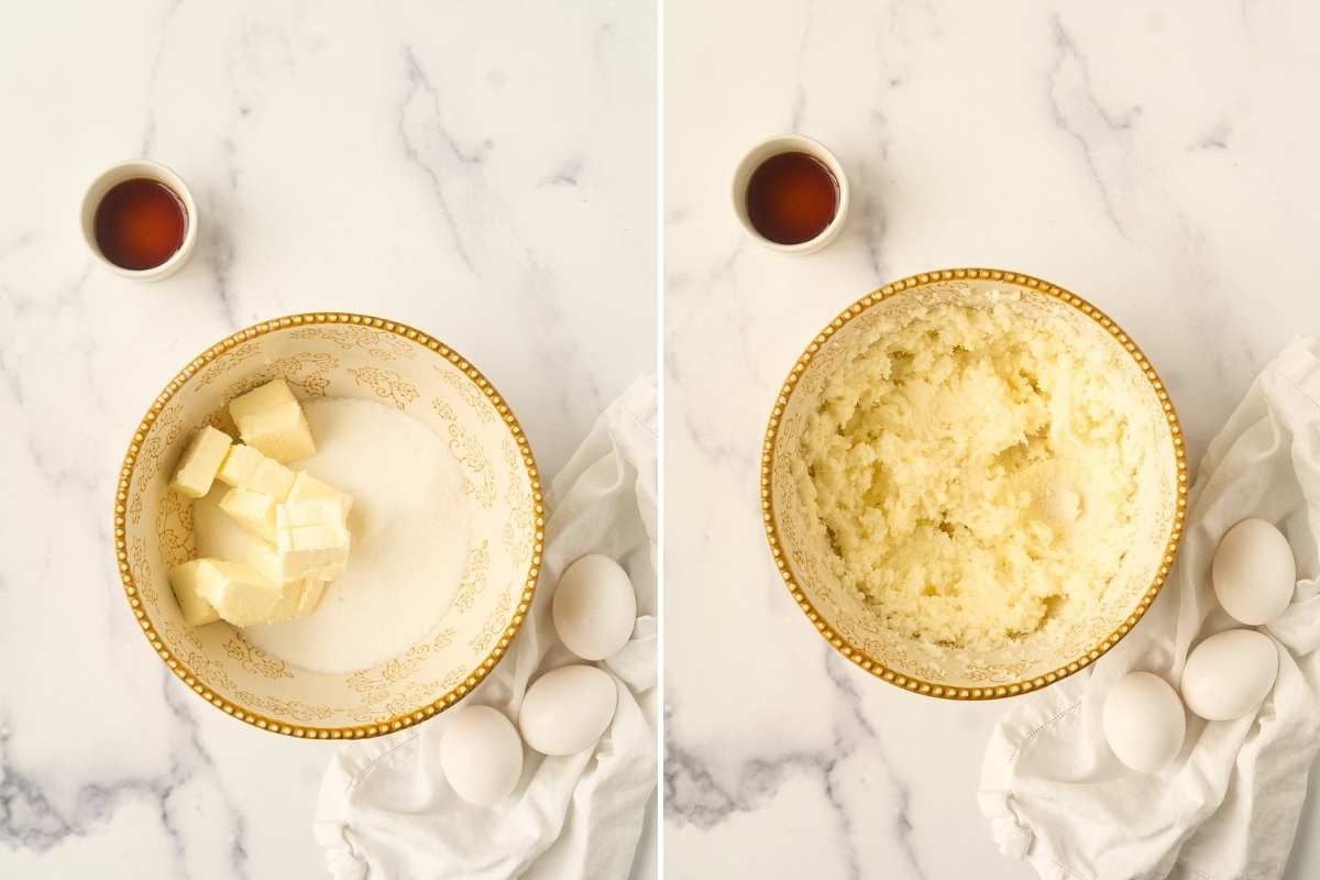 Butter and sugar in bowl next to creamed butter mixture in bowl.