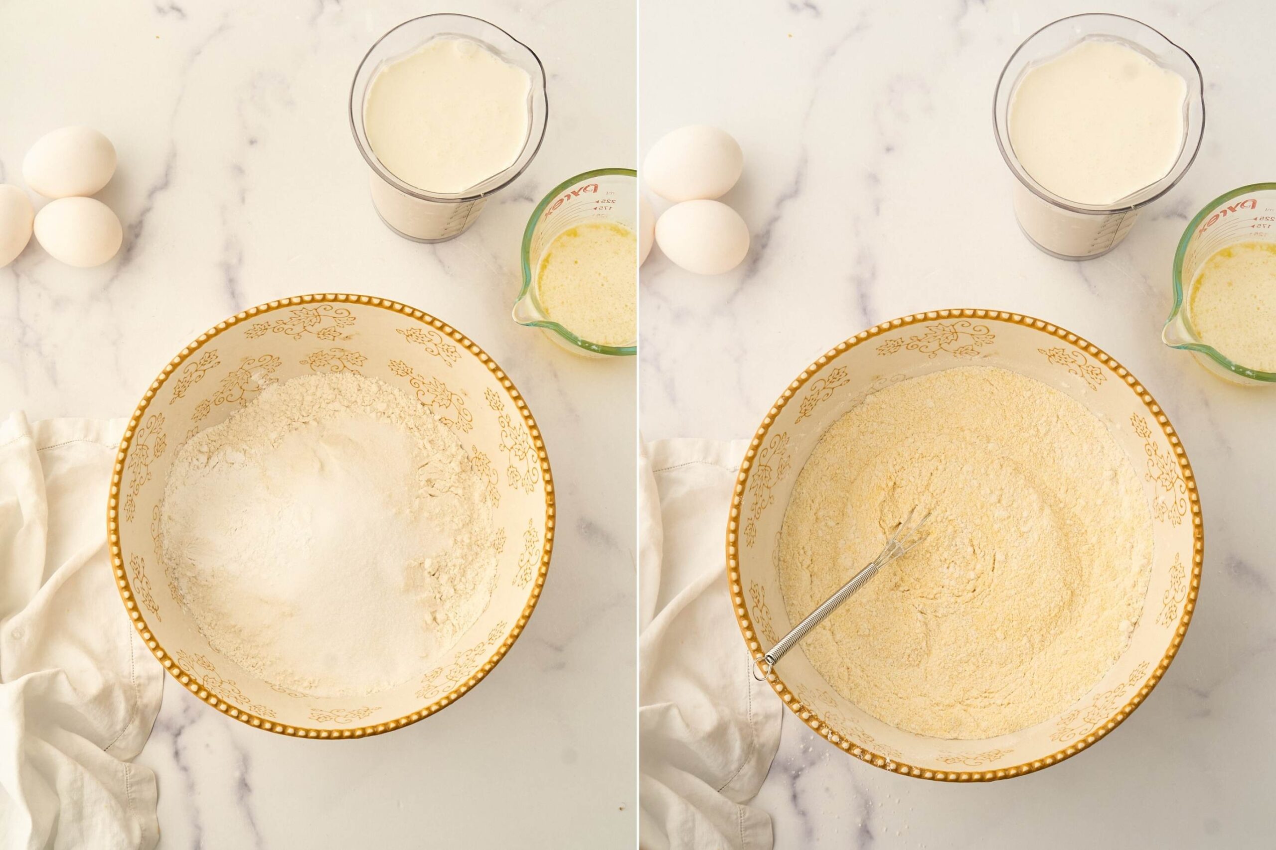 bowl of dry ingredients before and after nmxing.
