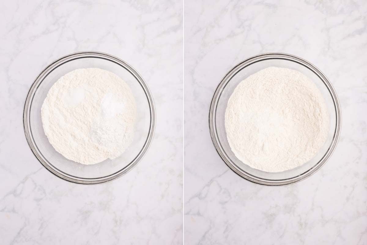 Two bowls showing flour mixture before and after whisking ingredients together.