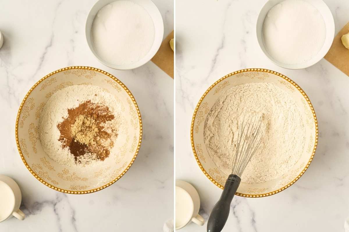Flour and spices in bowl next to whisked dry ingredients in bowl.