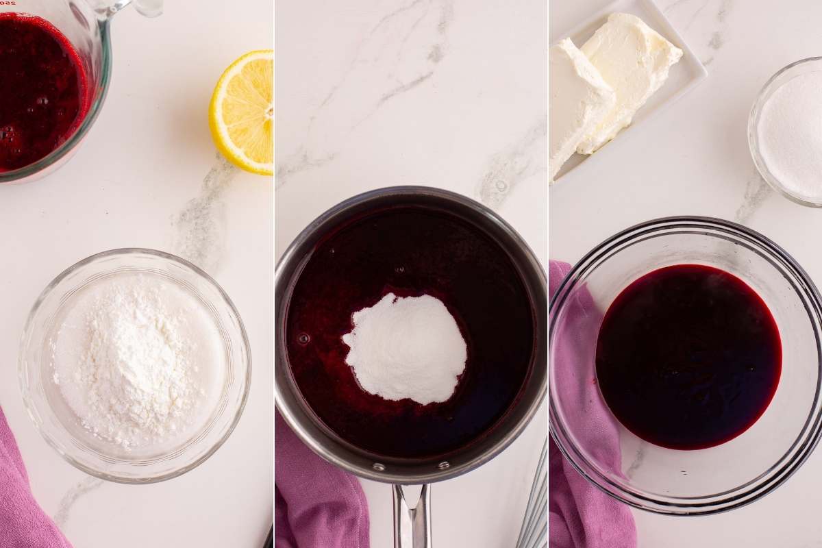 grid of 3 images adding cornstarch to juice.