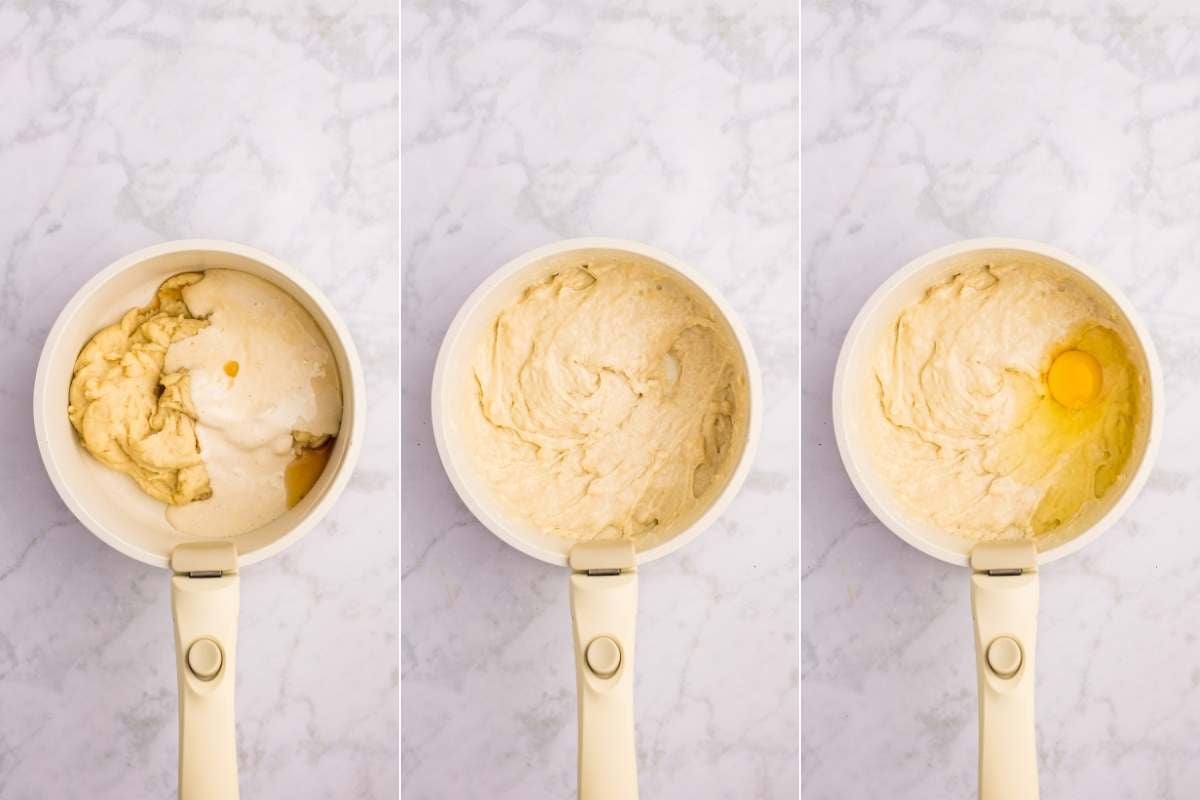 Three photos showing sourdough starter and eggs being added to dough.