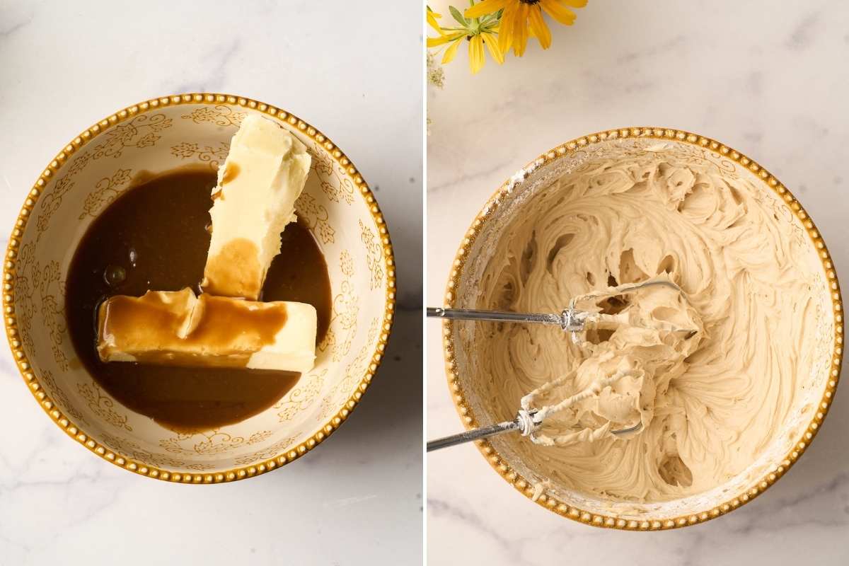 finished frosting with beaters in mixing bowl.