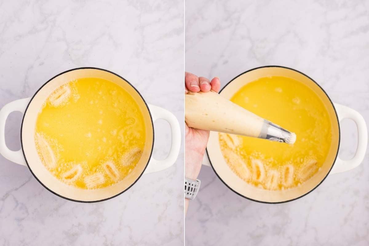 Finished churro dough in saucepan and dough being filled into piping bag.
