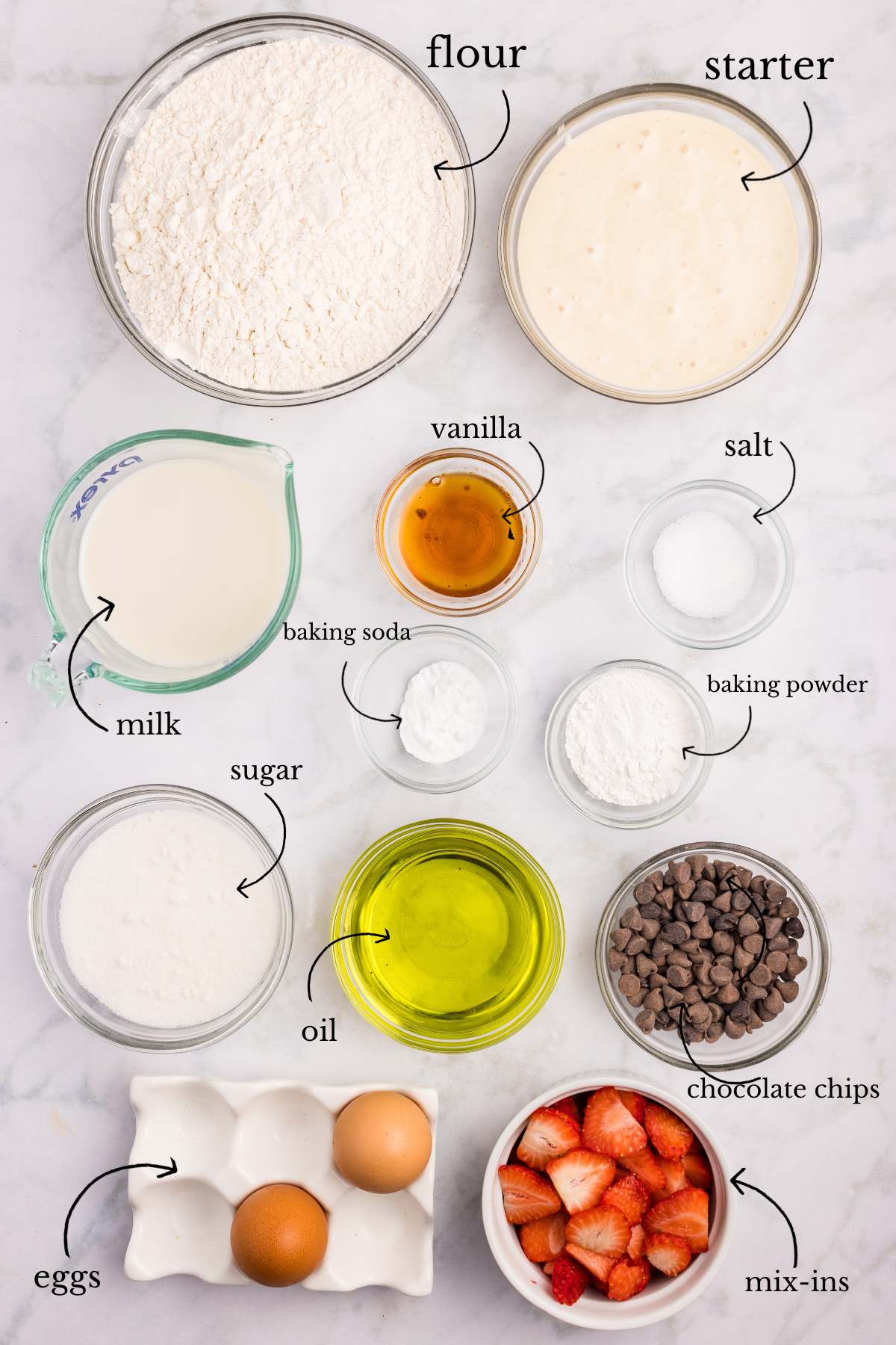 ingredients laid out on marble counter.