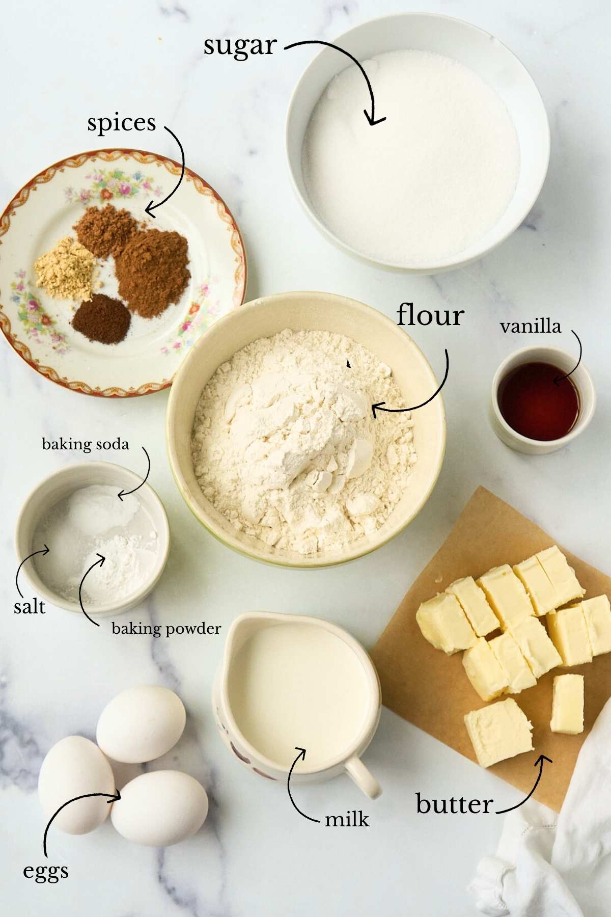Ingredients for spice cake laid out including flour, spices, eggs, butter, and milk.